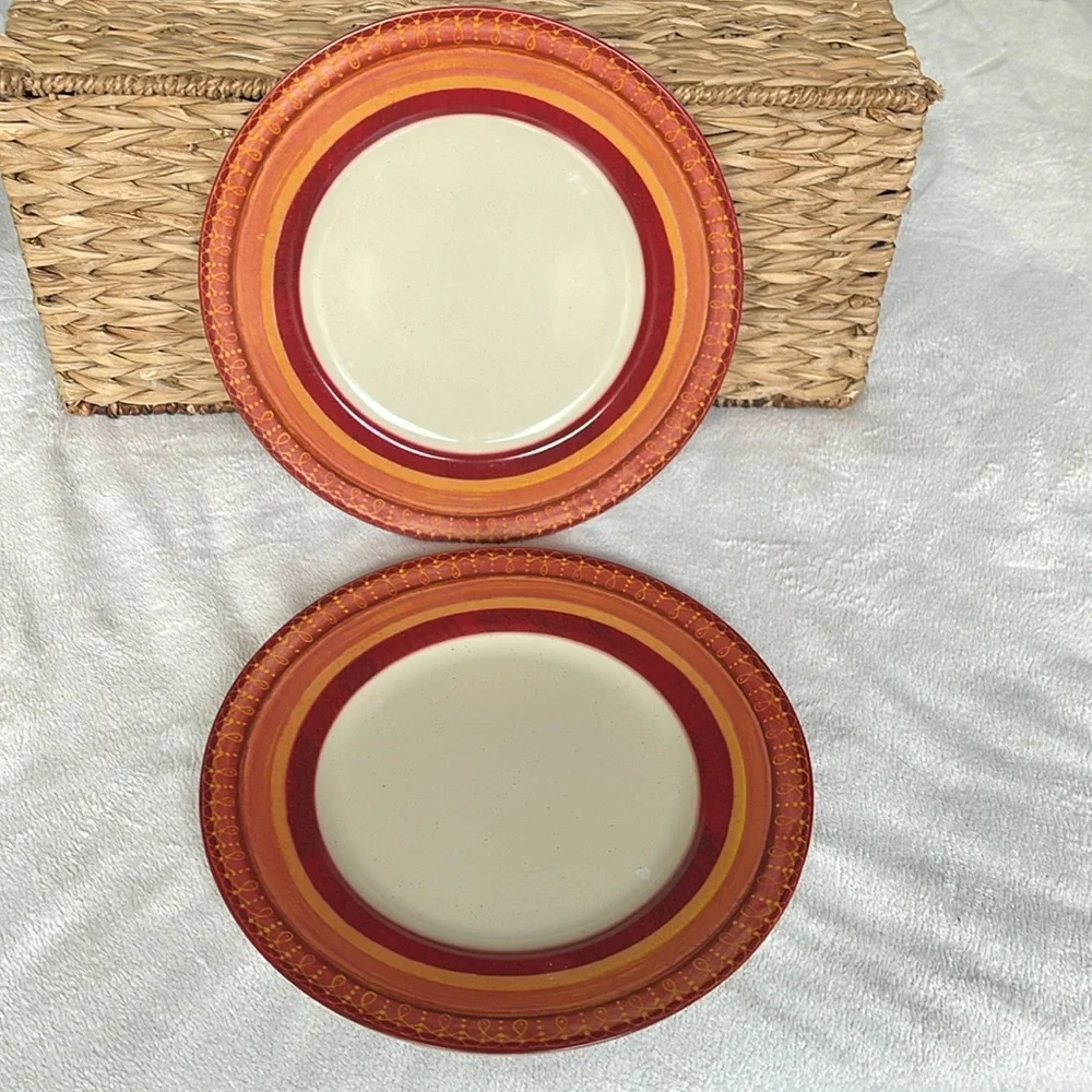 Pier 1 Set of 2 Lugano 10 1/2” Dinner Plates Orange Brown Edge Fall Colors